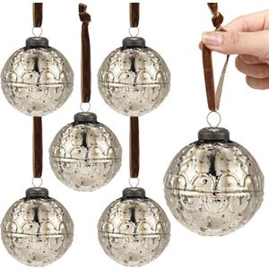 Threan 6 Pcs Large Vintage Mercury Glass Christmas Ornaments 3.15" Hanging Christmas Ball Ornaments Antique Embossed Ball Decorations for Xmas Tree Garland Wreath Holiday Decor (Champagne Gold, Etched)