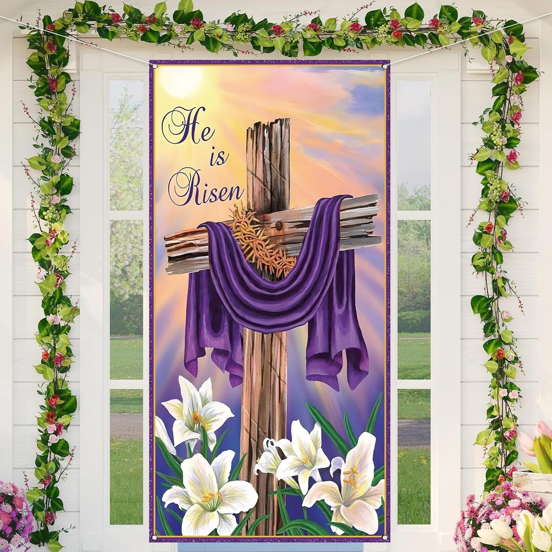 2 x He Is Risen Door Cover Religious Jesus Christian Cross Easter Egg Bunny Rabbit Photo Backdrop Happy Easter Spring Summer Party Decorations and Supplies for Home-7135''