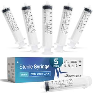 75 ml Syringe without Needle - 5 Pack of Individually Wrapped Disposable Syringes - Good for Medical, Scientific Lab, Home Use, and More - Sterile Luer Lock Syringes