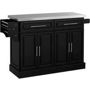 HOMCOM Rolling Kitchen Island Cart with Wheels, Portable Island Table for Kitchen with Stainless Steel Top, Adjustable Shelves, 2 Drawers, Spice, Knife and Towel Rack, Black
