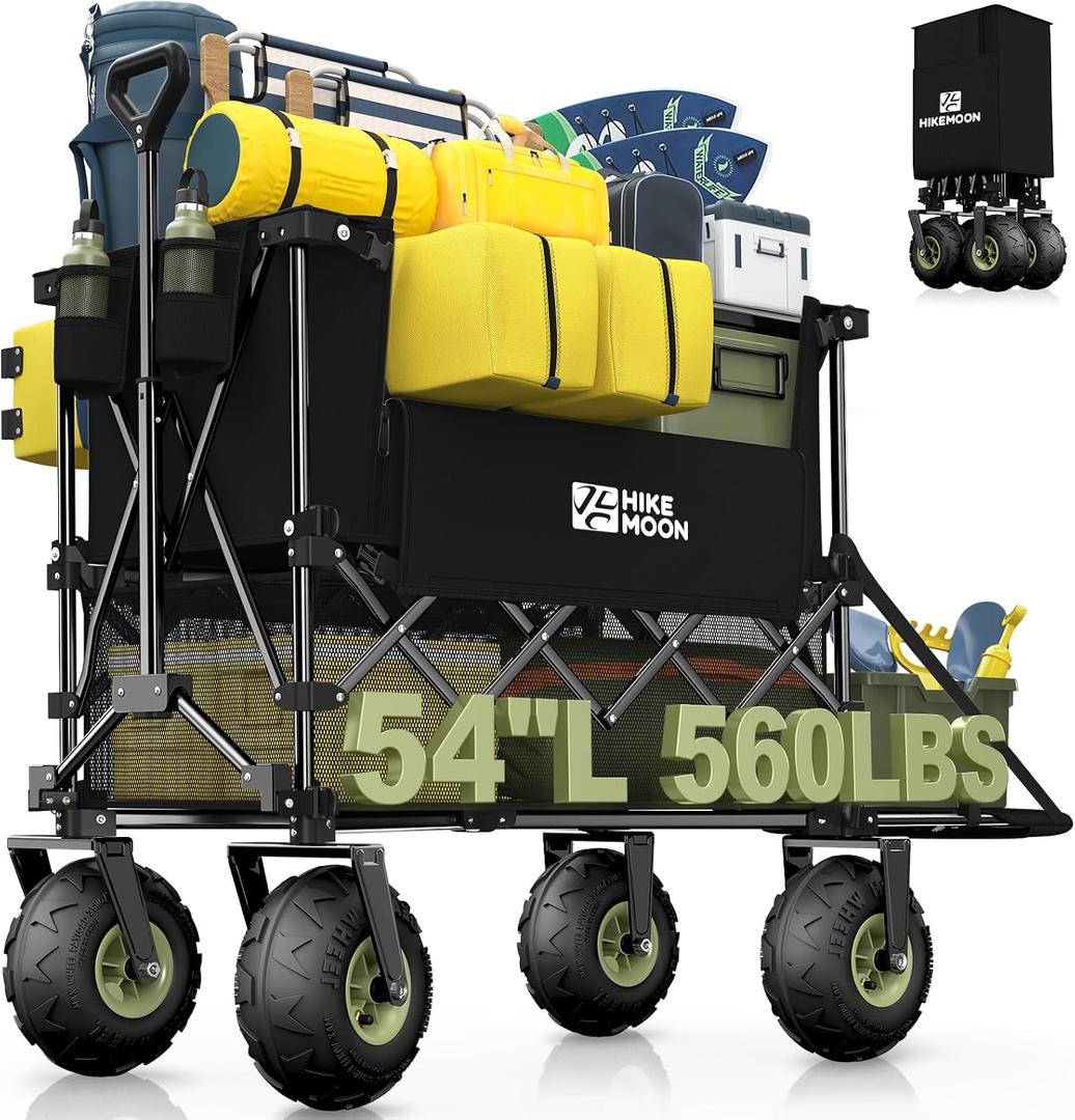 Hikemoon Double Decker Beach Wagon with 10" Big Balloon Wheels for Sand, 54'' Extra Long 560LBS Heavy Duty Wagons Carts Foldable, 400L Large All-Terrain Collapsible Folding Cart for Outdoors, Black
