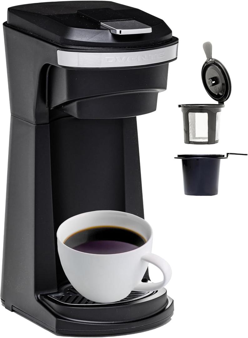 OVENTE 14oz Single Serve Coffee Maker for K Cups & Ground Coffee, One-Touch Brewing Coffee Machine, Compact Design, Reusable Filter, Auto Shut-Off, Anti-Drip, Ideal for Home or Office, Black CMK42B