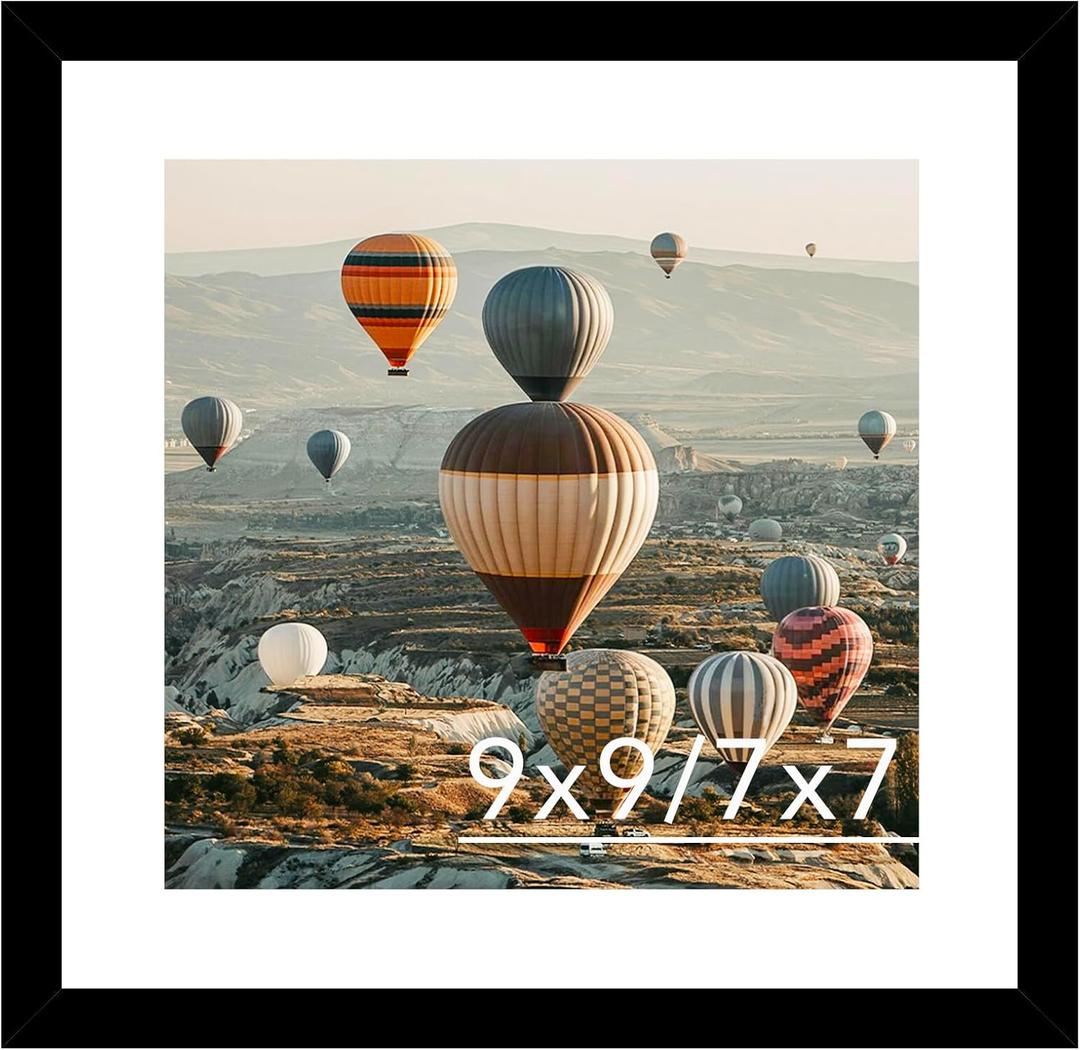 9x9 Picture Frame with Mat, Display 7x7 with Mat or 9 x 9 without Mat, Wood Square 9 by 9 Photo Frames for Wall Hanging or Tabletop, 1 Pack, Black