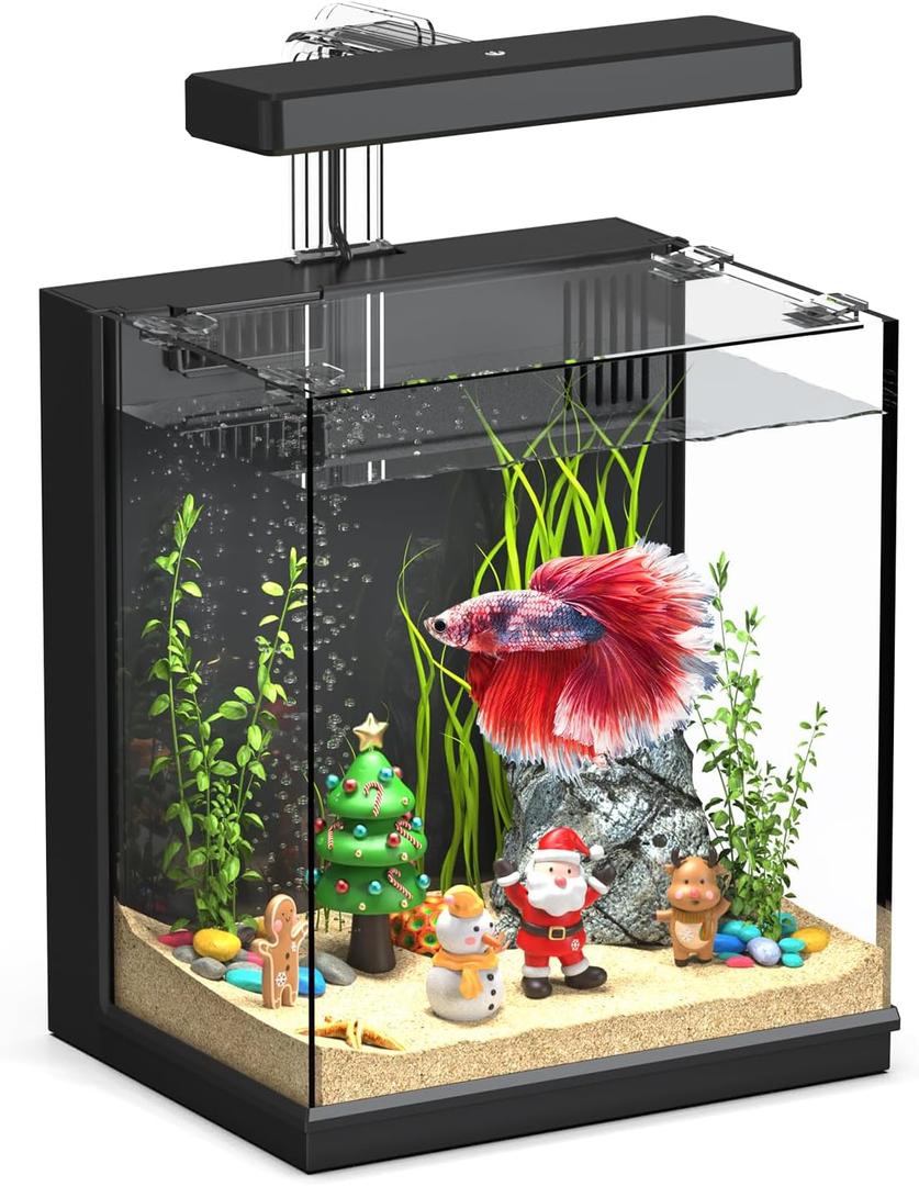 Beta Fish Tank, 2 Gallon Betta Fish Aquariums with Filter & Light, for Men, Fish Tanks for Kids & Starter, Black