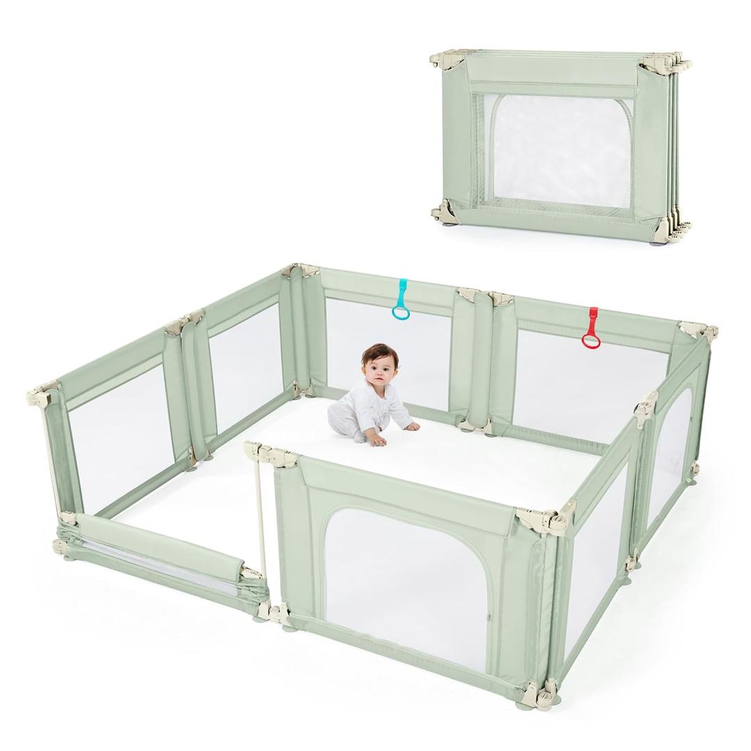 Baby Playpen Foldable Large Play Pen for Toddlers 1-3, 79(L) X71(W) X27(H) Pre-Assembled Playard for Indoor, Adjustable Mesh Breathable Floor Playpen Certified Safe Baby Product (Green)