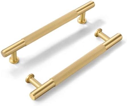 SALISENG-3 Pack Brushed Gold Cabinet Handles, Solid Brass Kitchen Drawer Pulls, 5 Inches Furniture Door Handles for Cupboard Bedroom Wardrobe(Arina)