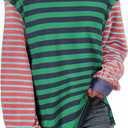 BLENCOT Women's Oversized Patchwork T Shirts Fall Long Sleeve Striped Color Block Loose Fit Pullover Tops (X-Large)