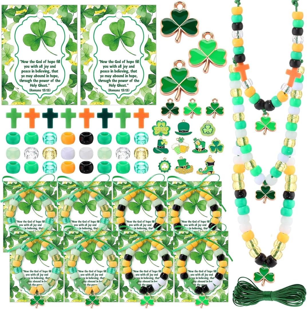 Ferreve 989 Pcs Christian St. Patrick's Day Beads Necklaces Gift DIY Green Shamrocks Craft for Jewelry Making 25 Irish Blessing Cards Cross Charm Clover Bracelet for Church Religious God Gifts