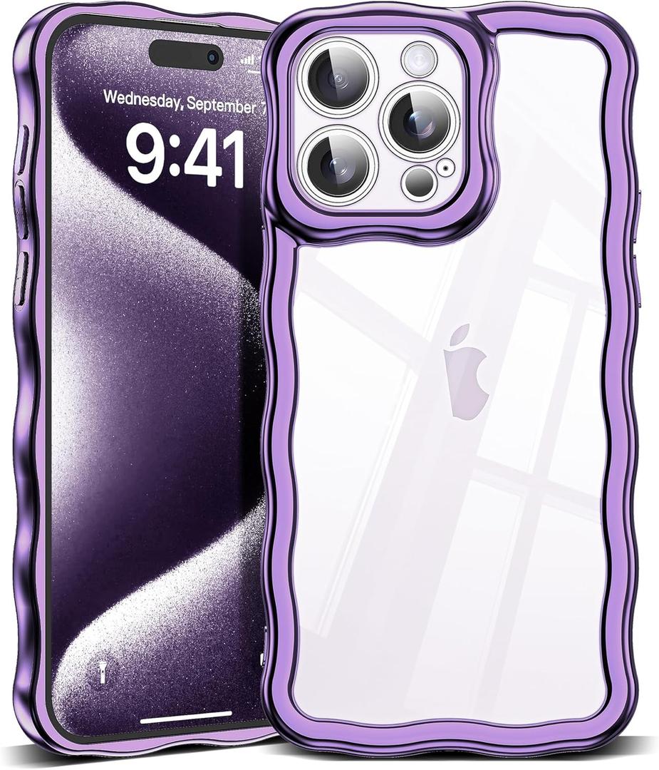 3 x SKYLMW Compatible with iPhone 15 Pro Case, Kawaii Cute Curly Wave Frame Luxury Plating Edge, Stylish Glossy Clear Back, Soft TPU Shockproof Protective Cases for iPhone 15 Pro, Purple
