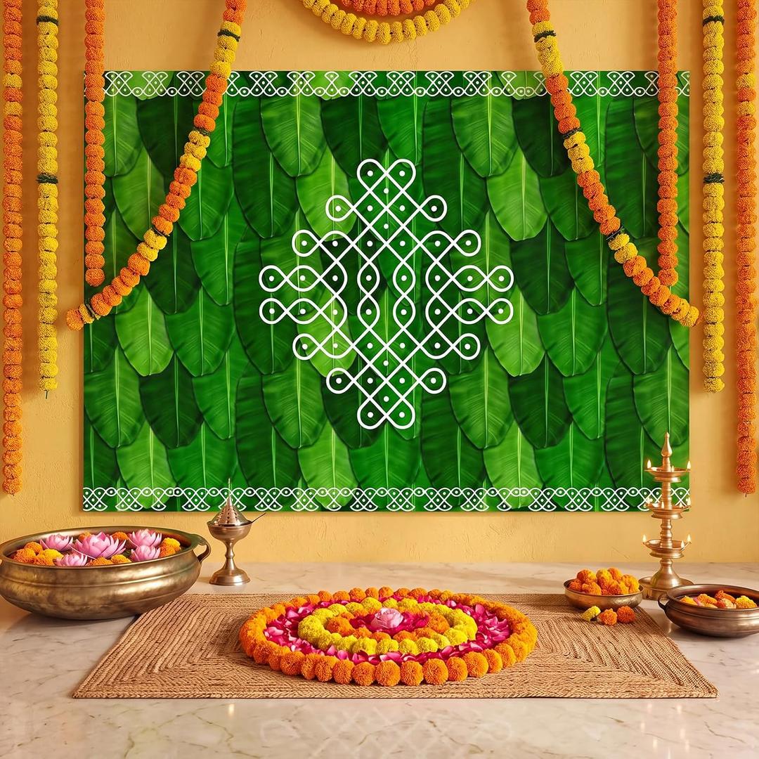 8 x 5 ft Indian Diwali Backdrop, Traditional Pooja Banner Decor, with Rope