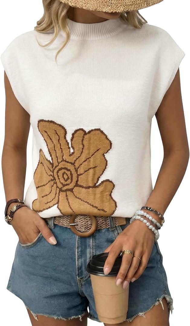 Women Short Sleeve Sweater Spring Top Flower Cap Sleeve Sweaters Mock Neck Lightweight Knit Top Small