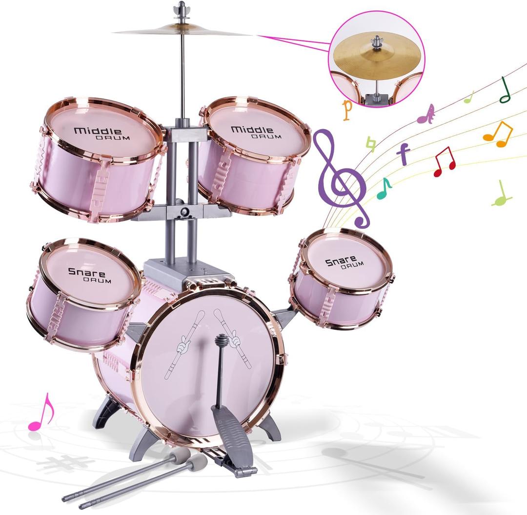 Children's Jazz Drum Set - Children's Educational Instrument Toy Set Rock Jazz Drum Set Percussion Instrument Music Enlightenment Education Toy Suitable for 3-8 Year Old Boys and Girls Gift (Pink)