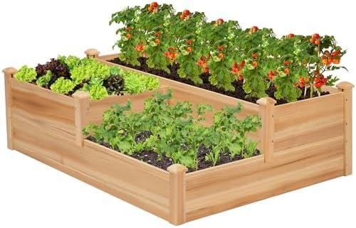 VIVOSUN 3-Tier 3-Grid Wooden Raised Garden Bed, 42.5 x 34.5 x 15 Inches, Outdoor Elevated Wood Planter Box with Screwdriver for Gardens, Patios, Backyards, Balcony and Outdoors