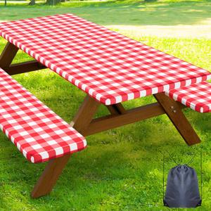 Smiry Picnic Table Cover with Bench Covers, Waterproof Elastic Fitted Tablecloths for 8 Foot Rectangle Tables, Washable Buffalo Plaid Tablecloth for Camping, Outdoor & Christmas (Red & White, 30"x96")