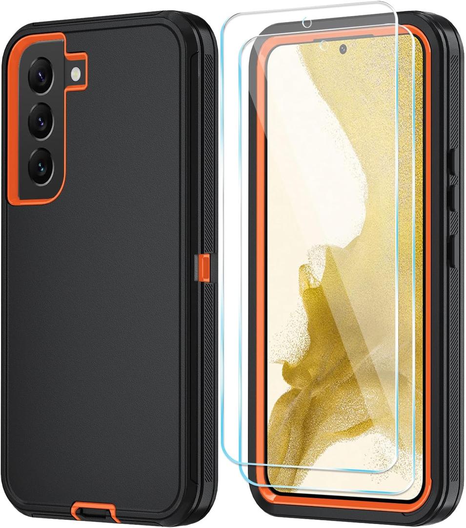 ONOLA Phone Case for Samsung Galaxy S22 Case with HD Screen Protector, Heavy Duty Shockproof & Dropproof 3-Layer Cover Phone Case for Galaxy S22 6.1'',BlackOrange