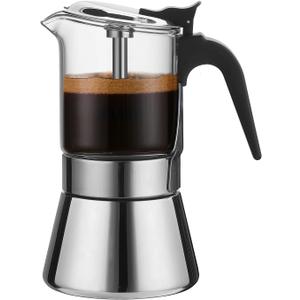 Moka Induction Stovetop Espresso Maker With Pressure valve,Crystal Glass-top & Stainless Steel Esprosso Moka Pot,240ml Classic Italian Coffee Maker