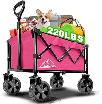 Amnow Collapsible Wagon Cart with Wheels Foldable, Folding Wagons Carts with Silent Universal Wheels, Large Grocery Cart On Wheels, Heavy Duty Utility for Shopping Beach Sports Fishing Camping, Pink
