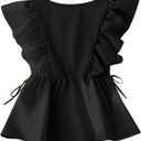 SHENHE Women's Ruffle Sleeve Tie Waist Drawstring Tops Summer V Neck Elegant Blouse Dressy Crop Tank Top (Black, S)
