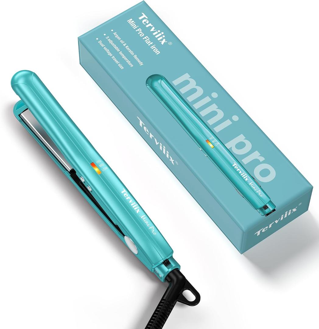 Terviiix Mini Hair Straightener Adjustable Temp, Travel-Size Mini Flat Iron, Mini Flat Irons for Short Hair/Curls Bangs, Ceramic Small Hair Curler for Men, Dual Voltage, Auto-Off, 1/2'', Cyan
