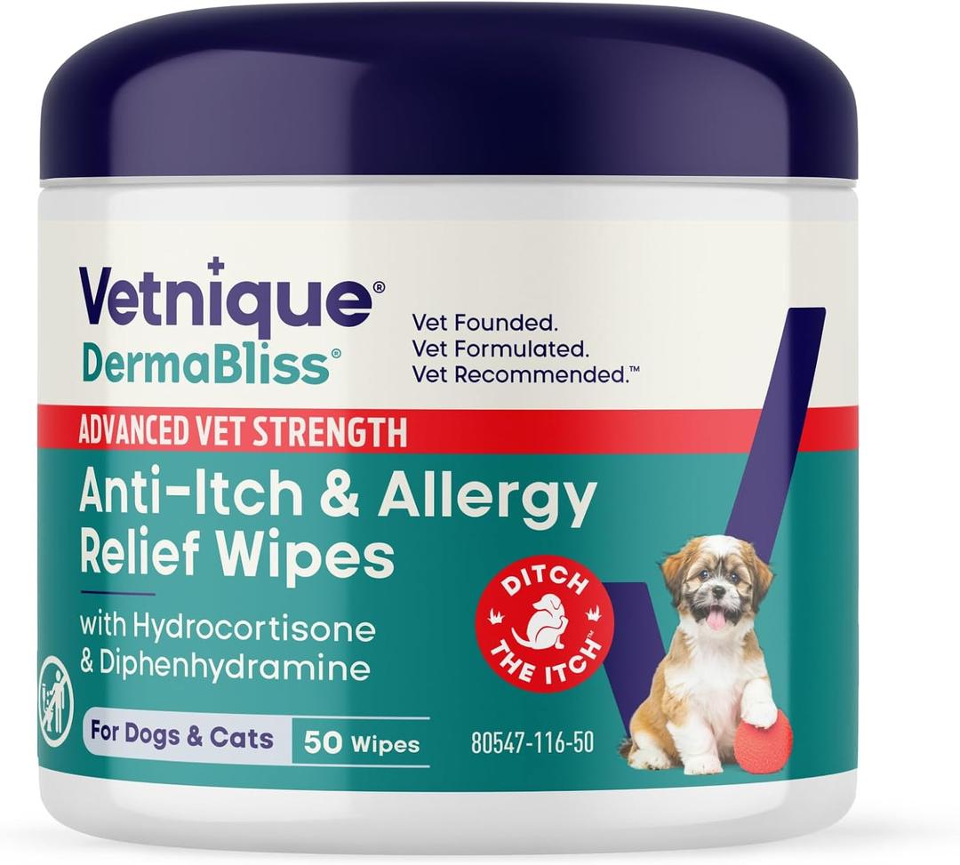 Vetnique Dermabliss 3-in-1 Anti Itch Wipes for Dogs & Cats, Allergy Relief