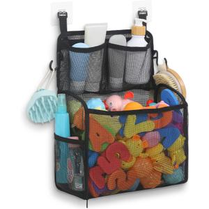 Goowin Bath Toy Storage Holder, Large Openings Bath Toy Organizer, Large Capacity Mesh Bathtub Toy Storage, Multi Use Bath Tub Toy Holder for Bathroom (Black)