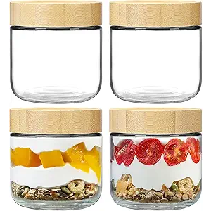 NETANY 4-pack 10oz Glass jars with Airtight Lids, Overnight Oats Containers with Bamboo Lids, Wide mouth Mason Salad jars, Glass Food Storage Containers for Snacks Yogurt Spice Sugar
