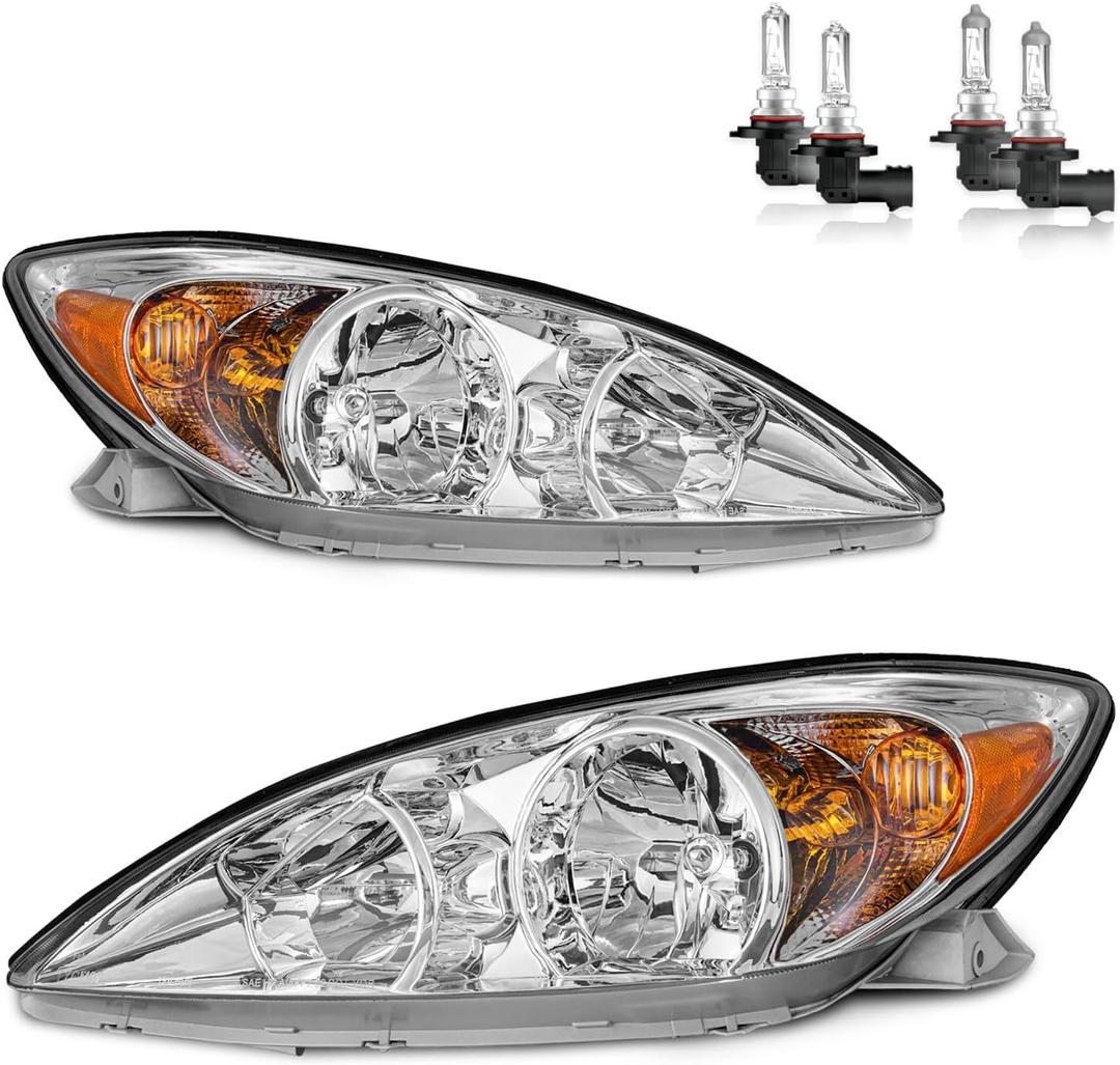 Headlights W/Bulbs for 2002 2003 2004 Toyota Camry (LE/XLE) Halogen Headlamp Replacement Driver & Passenger Side