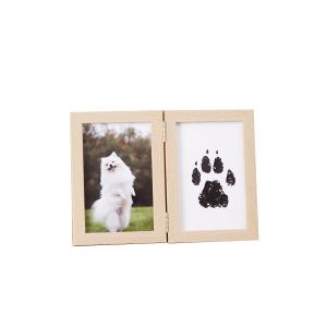Pet Memorial Double Picture Frame with Paw Print Kit, Natural Wood, Includes Black Ink Pad and Print Papers (Brown)