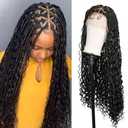 Janyuwool 36" Boho Triangle Knotless Box Braided Wigs Full Double Lace Braid Wig for Women Lace Frontal Human Hair Blended Braided Wig with Boho Curls Lace Front Braids Wigs with Baby Hair (Black)