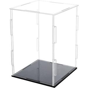 FINGERINSPIRE Acrylic Box with Black Stand and Rubber Band, 4x4x6 inch Cube Clear Acrylic Display Cases for Collectibles, Self-Assembly Dustproof Countertop Box for Toys and Collections