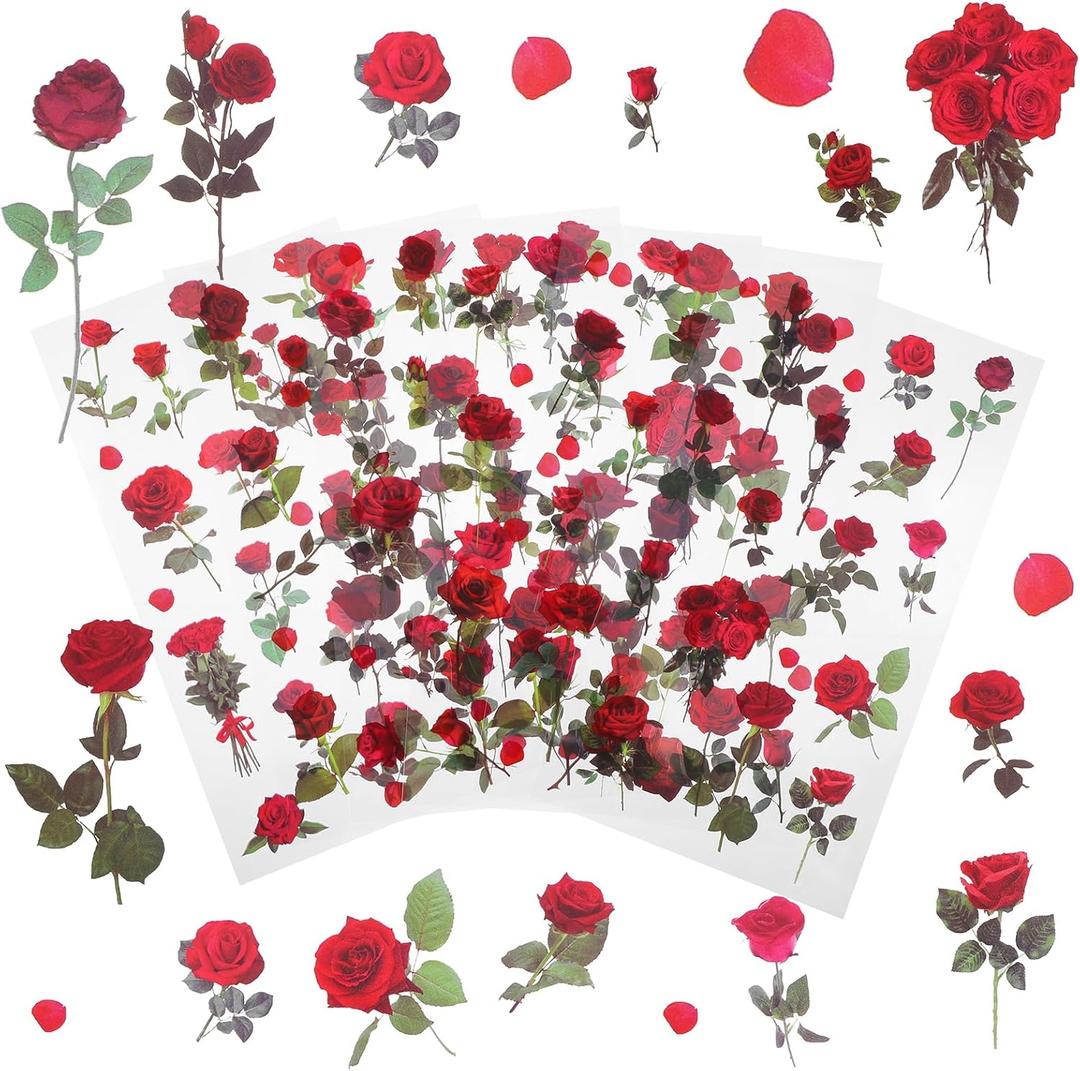 312 Pcs Red Roses Stickers, 24 Sheet Transparent Flower Stickers for Scrapbooking,Waterproof Flower Stickersfor Scrapbooking Notebooks Card Making Journaling Water Bottle Poster Decoration