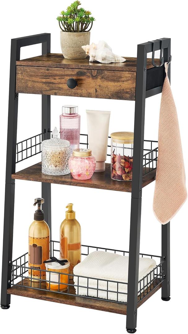 3-Tier Bathroom Ladder Shelf with Drawer, Bathroom Floor Storage Shelf, Freestanding Tower Shelf Ladder Bookshelf for Living Room, Bedroom -Rustic Brown