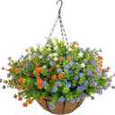 NETAP Artificial Hanging Flowers Basket for Outdoor, 16 Fake Flowers Look Real UV Resistant, Faux Hanging Plants for Porch, Balcony, Patio, Garden, Spring Summer Decor,MixA