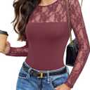 Avidlove Lace Long Sleeve Bodysuit for Women Crew Neck Body Suits Slimming Going Out Concert Tops Fall Outfits (Small, Purple Red)