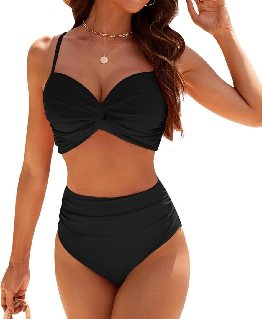 SEAFORM Women's Bikini Sets Two Piece Tummy Control Swimsuit High Waist V-Neck Beachwear Twist Front Straps Bathing Suits (Large, Black)