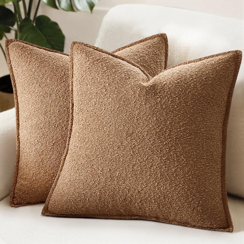 MIULEE Pack of 2 Decorative Textured Boucle Throw Pillow Covers 18x18 Inch Brown Broadside Thick Boho Pillows for Farmhouse Accents Sofa Couch Bedroom Living Room Home Decor