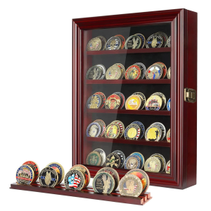 Military Challenge Coin Display Case 5 Rows Wooden Army Coin Holder with HD Tempered Glass Lockable Coin Wall Dsplay Box with Removable Shelves, Red