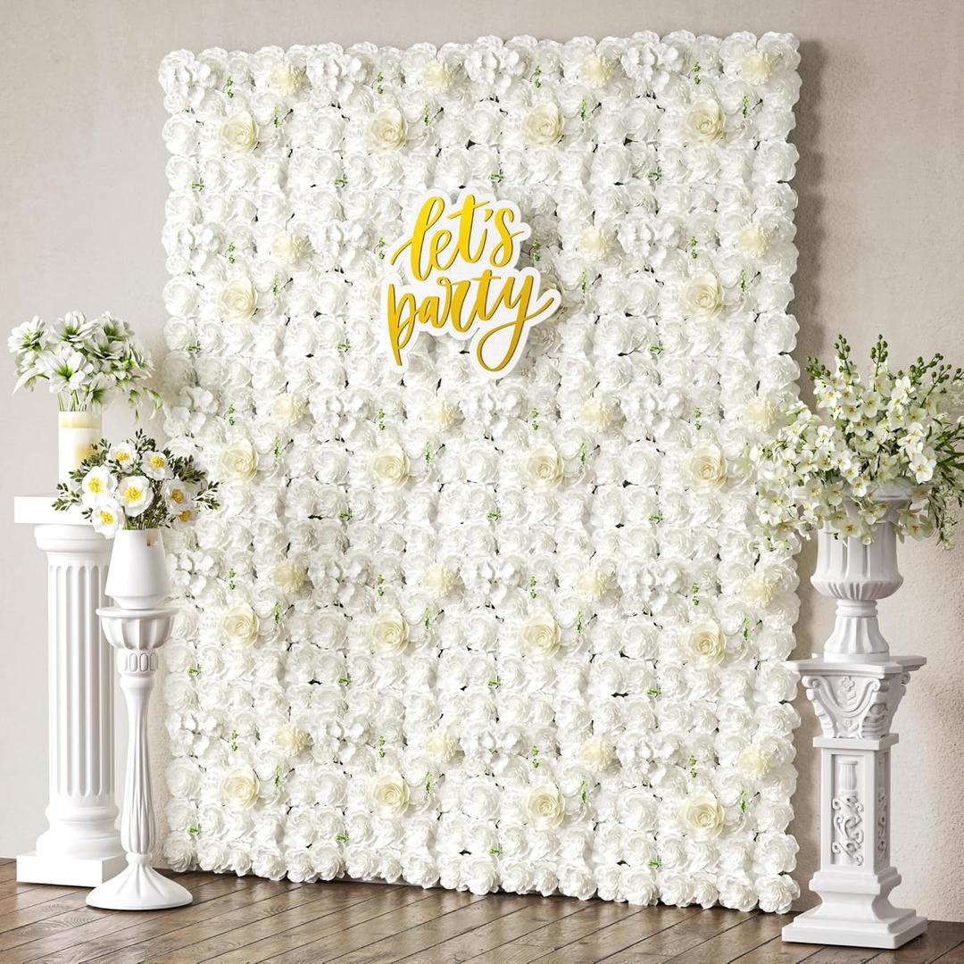COKAOBE White Flower Wall Panels Backdrop, 12PCS 15x15 Inch 3D Silk Rose Floral Wall, Artificial Flower Panels for Wedding, Party, Bridal Shower, Baby Shower, Home and Photo Backdrop Decoration