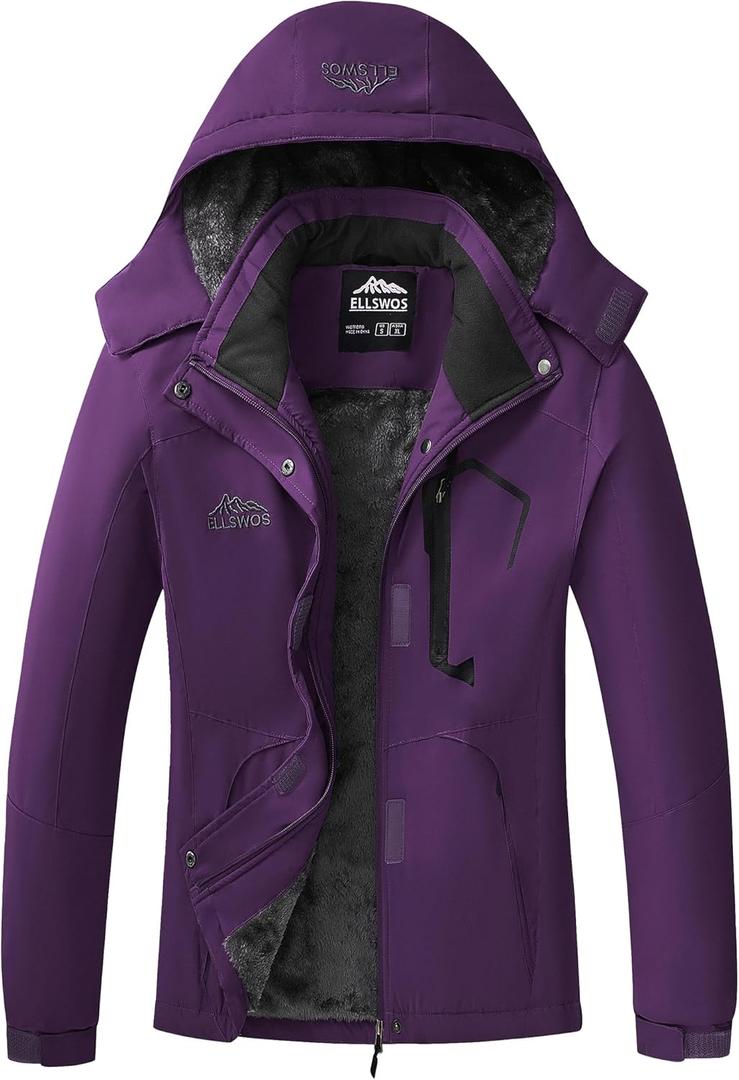 ELLSWOS Womens Winter Coats Waterproof Ski Jacket Warm Snow Jackets Windproof Windbreaker Hooded Raincoat (XX-Large, Purple)