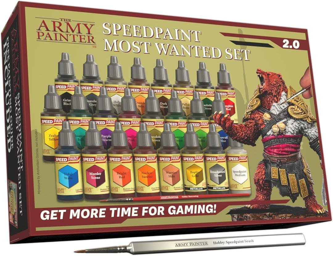 The Army Painter Speedpaint 2.0 Most Wanted Paint Set Combo, Acrylic Contrast Paint Set with 24 Dropper Bottles of 18ml and 2 brushes, For Miniature Painting