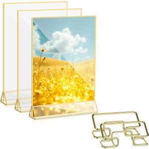 3 Pack 8.5 x 11 Inch Acrylic Sign Holders with 2 Business Card Holder Double Sided Clear Display Stand Gold Picture Frames for Table Numbers Menus Flyers Offices Weddings Party Supplies