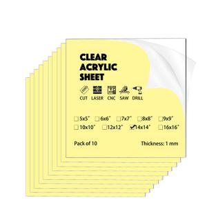 10 Pack 14"x14"x0.04"(1mm) Thick Acrylic Sheets Transparent Plexiglass Panels with Protective Film for Picture Frame Art Design, DIY Craft, Signage, Display, and Home Projects