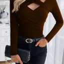 Womens Sexy Long Sleeve Cutout Tops Criss Cross V Neck Slim Fitted Spring Fall Casual Trendy Shirts (Brown, XS)