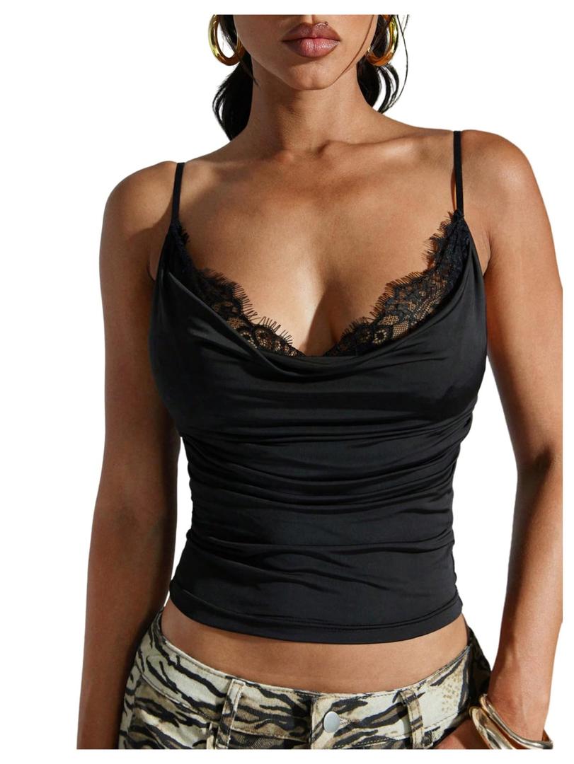 SOLY HUX Women's Lace Cami Top Cowl Neck Slim Fitted Camisole Going Out Crop Tops Pure Black Large (Black, L)
