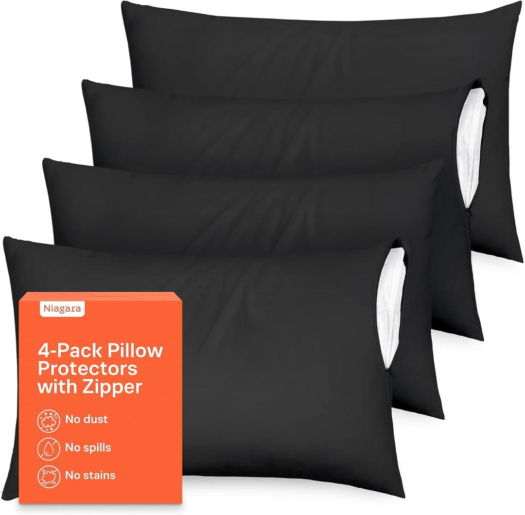 Ultra Soft Pillow Protectors with Zipper Queen Size - Set of 4 Breathable Pillow Covers - 100% Protection Against Stains, Dust & Dirt - Machine Washable (Black)