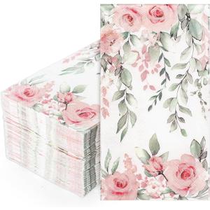 FYSUIMU 100 Pcs Greenery Floral Guest Napkins Spring Rose Flower Eucalyptus Leaves Disposable Napkins Watercolor Dinner Hand Towel Paper Napkin for Mother's Day Wedding Party Table Bathroom Supplies