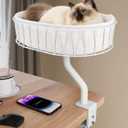Cat Desk Bed - Sturdy Cat Bed for Desk Support 45lbs,Indoor Desktop Cats Beds for Tables Game Office Desks Attachment,17"x13" Removable Cotton Cats Nest,Heavy-Duty Metal Frame and Clamp (White)