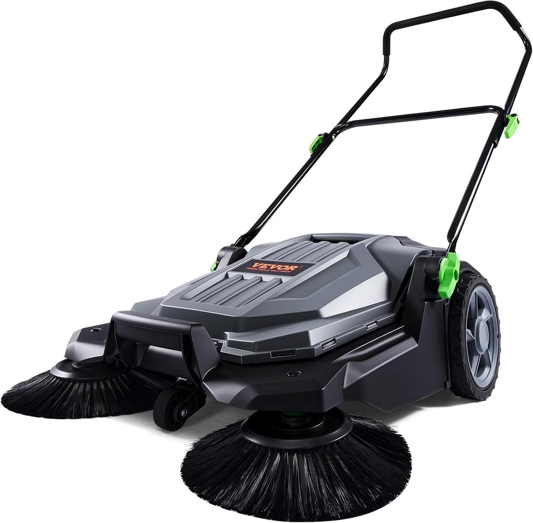 VEVOR Walk-Behind Hand Push Floor Sweeper, 25.6" Sweeping Width Floor Sweeper Manual Non-Electric, 5-Gallon Waste Container, Angle & Height Adjustable Folding Handle for Walkway, Yard, Garage, Patio