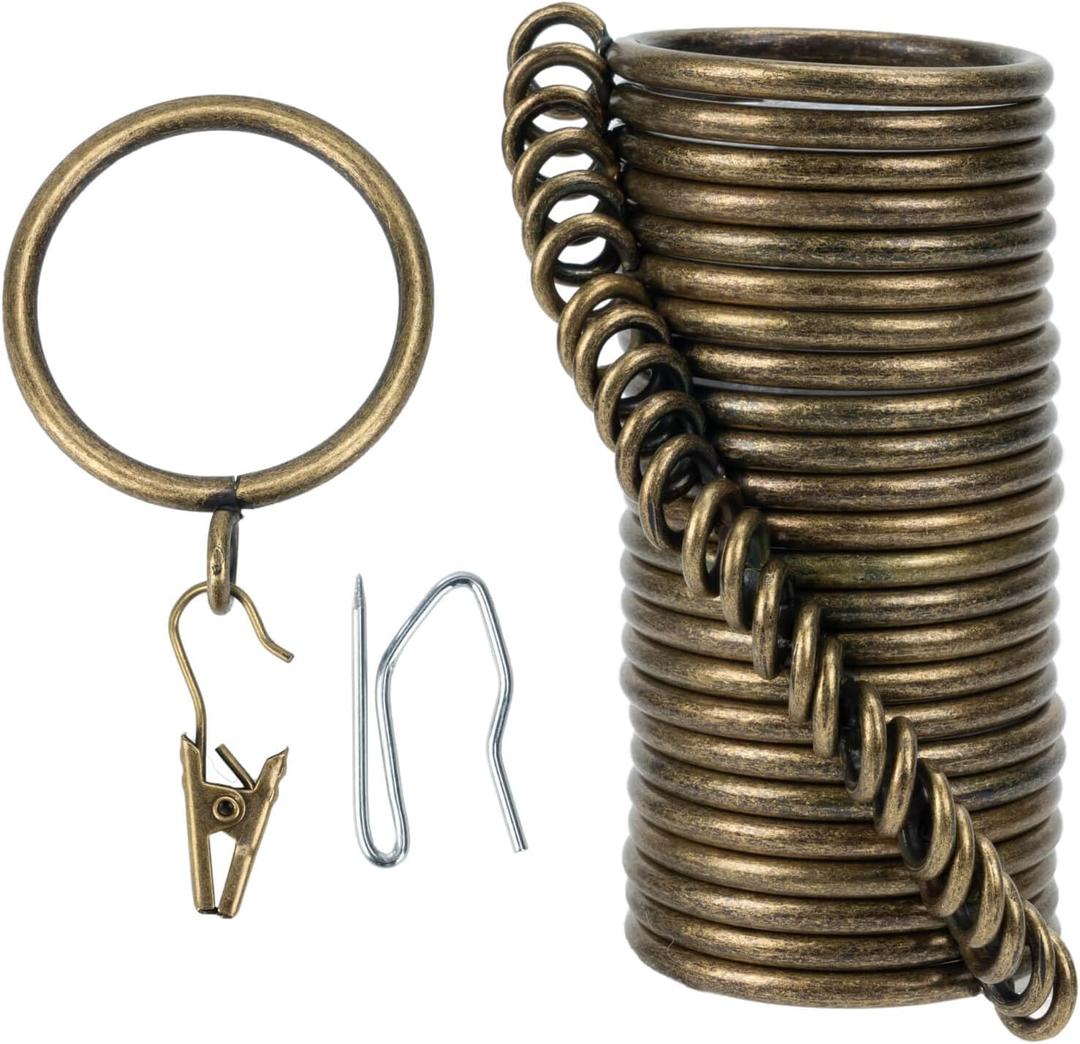 Curtain-Clip Rings with Hooks Drapery-Decorative - 1 Inch Inside Diameter Included Pin Hooks and Clips Designed to Effortlessly Hold Up 2 Standard Curtains 24Pcs Bronze Exselens