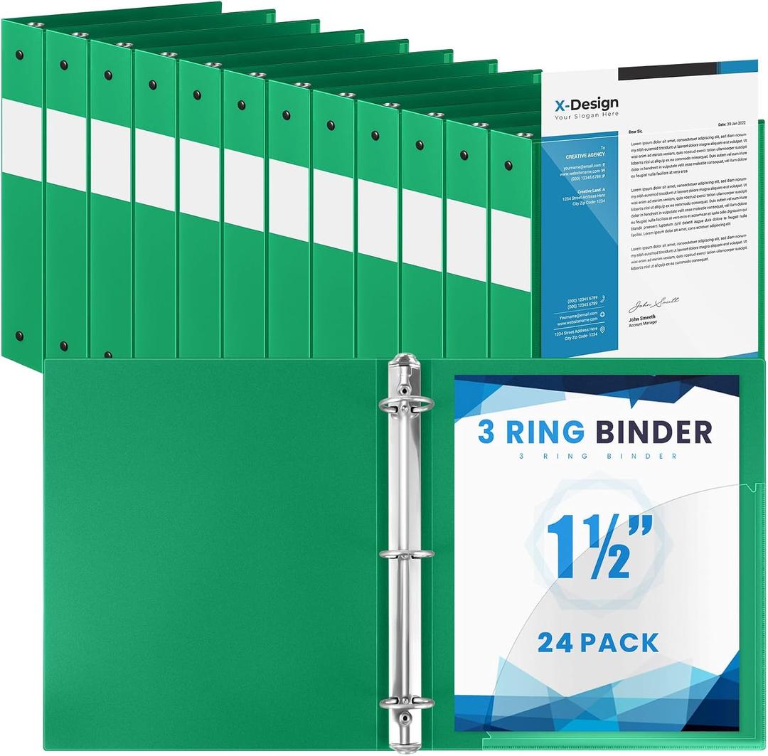 Henoyso 24 Pack 1.5 Inch 3 Ring Binder with Clear Cover Fit Letter Size 8.5" x 11" Paper Holds 350 Sheets, Bulk Binders for Organizing School, Office & Classroom Documents, 1 Pocket (Green)